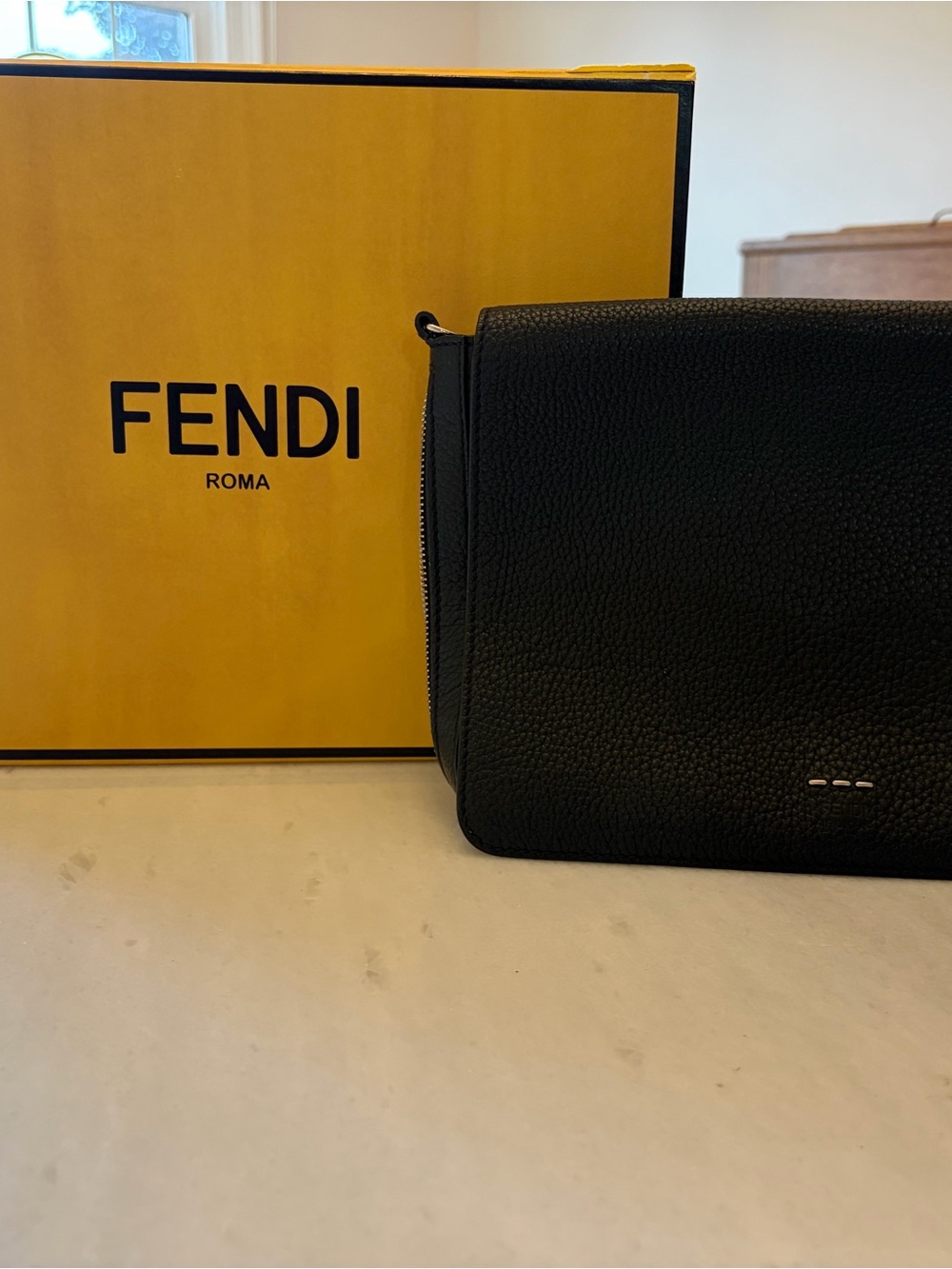Fendi Black Pebbled Leather Messenger Pouch